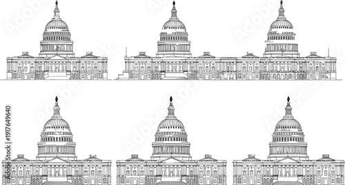 Black and white vector line art set of the United States Capitol Building for American government political history tourism branding and architectural design