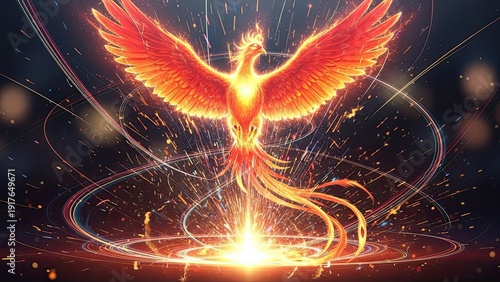 Celestial phoenix ascending amidst radiant light trails and glittering sparks of cosmic energy