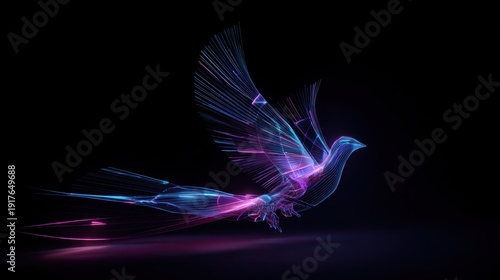 glowing cyber bird in mid flight, neon blue and magenta light trails, transparent digital wings, dark black background, high contrast, futuristic sci