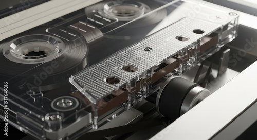 Detailed close-up of an audio cassette in a vintage player symbolizing musical nostalgia