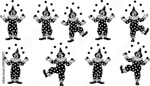 Black and white vector silhouette set of vintage circus clowns juggling balls while dancing for carnival entertainment festival party and retro performance branding design
