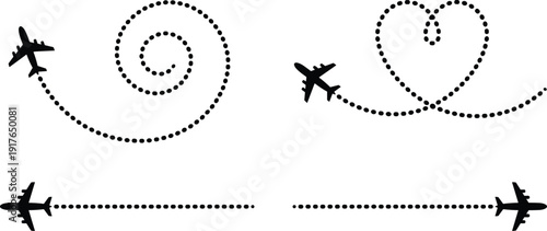 Airplane dotted flight path collection, spiral and heart shaped travel route vector icons isolated on light background