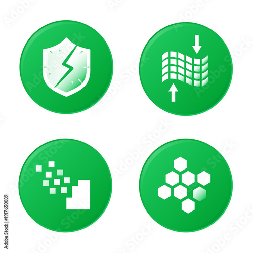 Cyber Resilience Icon Set – Cracked Shield with Radiant Effect, Flexible Network Grid with Arrows, Pixel Reconstruction and Hexagonal Honeycomb Redundancy – IT Security Vector Illustration
