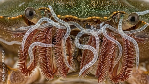 Intriguing close-up of crab gills revealing symbiotic worms in a unique underwater composition