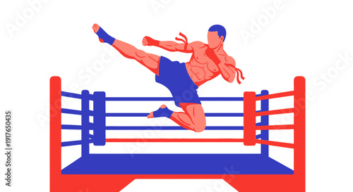 A boxer kicks high in a boxing ring during a sports event with action and energy.