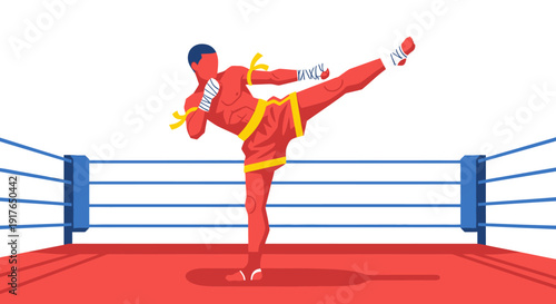 Athlete executes a high kick in a boxing ring during a sports event.