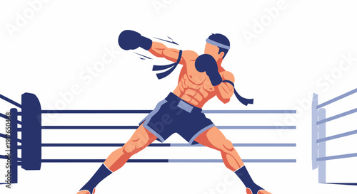 A boxer is throwing a powerful punch in a boxing ring during a sports event.