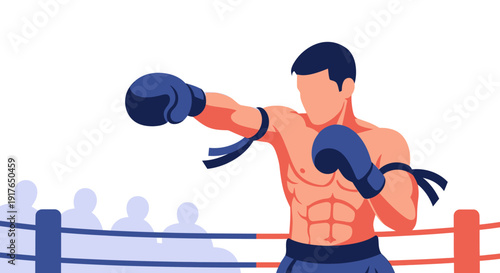 Male boxer wearing gloves fights in a boxing ring with spectators