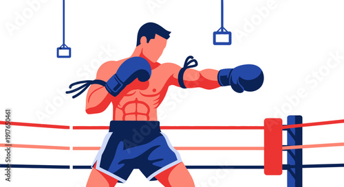 Male boxer wearing gloves punches in a crowded sports arena with ropes