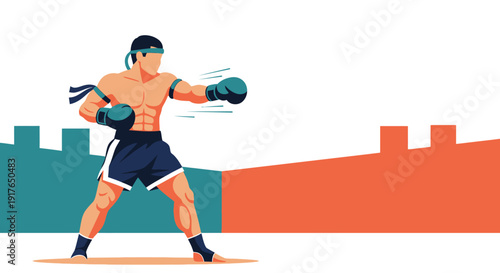 Man wearing boxing gloves punches aggressively in an urban cityscape environment outdoors.