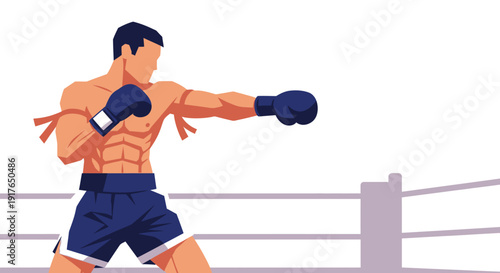 Man boxing enthusiastically in a ring with blue gloves and shorts on