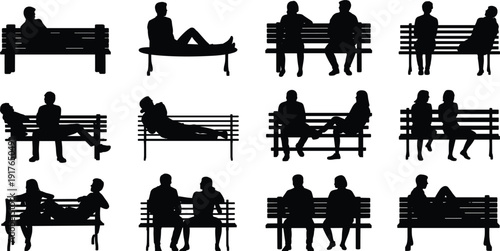 People sitting on park benches silhouettes, men and women relaxing, talking, lying down, urban outdoor leisure scenes, black figures isolated
