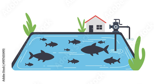 Fish Pond with House.