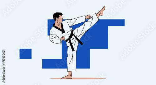 A person in a white martial arts uniform kicks high in a blue geometric patterned background.
