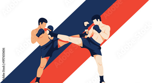 Two boxers are engaged in a fierce match with one kicking and the other blocking