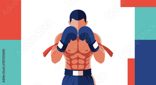 Man wearing boxing gloves prepares for a fight in a colorful studio setting indoors.