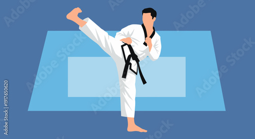 A man in a white uniform performs a martial arts kick on a blue mat indoors.