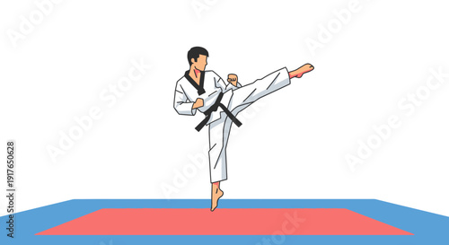 Man in white uniform performs a high kick on a red mat in a blue area