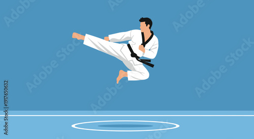 Martial arts athlete performs a high kick in a training session on a mat floor indoors.
