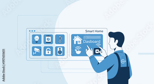 Smart Home Dashboard Control Panel with Technician Using Touchscreen Interface