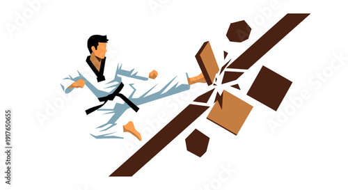 Martial artist kicking wooden boards in action with breaking technique