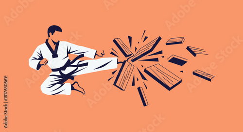 A martial artist kicks and breaks wooden boards in a training session indoors.