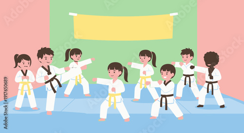 Children wearing uniforms practice martial arts together on a mat indoors