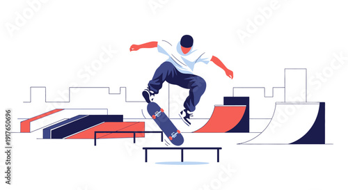 Young man performing skateboard tricks on a rail at an urban skate park