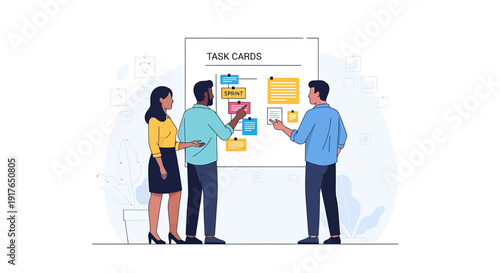 Team planning and organizing tasks on a whiteboard with sticky notes