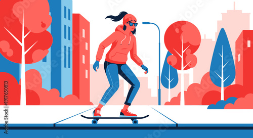 Person skateboarding down a city street with trees and buildings nearby quickly