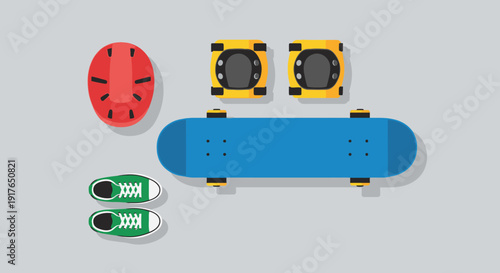 A skateboarder prepares to ride with equipment laid out on the ground.