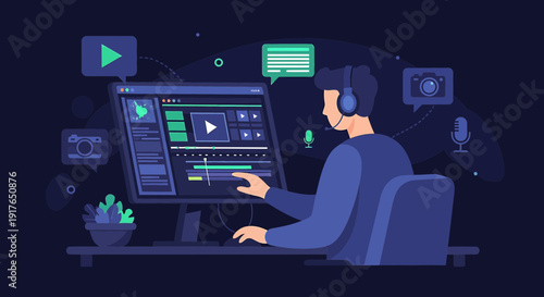 Video Editor Working on Computer, Editing Software Interface, Digital Media Creation