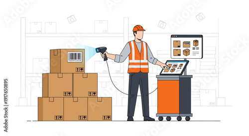 Warehouse Worker Scans Barcode on Boxes with Digital Device