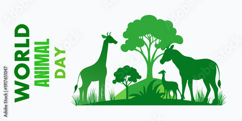 Photography World Animal Day Green Silhouette Wildlife Conservation Banner with Elephant, Giraffe and Forest Nature Illustration