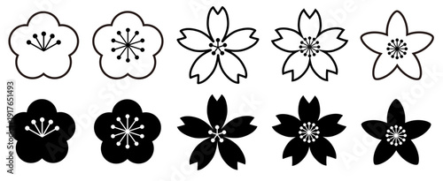 梅と桜の和風フラワーアイコンセット（線画＆シルエット）