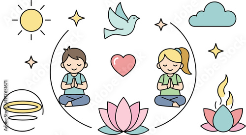 Yoga and spirituality set with kids in meditation, lotus flower, heart symbol, dove of peace and sun on white background.
