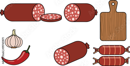 Salami and meat products set with sliced sausages, wooden cutting board, garlic clove and red chili pepper on white background.