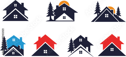 Real estate and mountain house logo set with modern home icons, pine trees and sun symbols on white background.