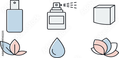 Perfume and aromatic spray set with fragrance bottles, cosmetic product, lotus flower and water drop on white background.