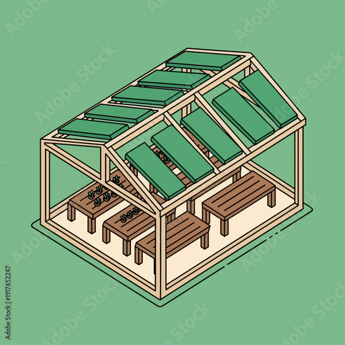 Isometric illustration of a greenhouse with wooden frames and green roof panels.
