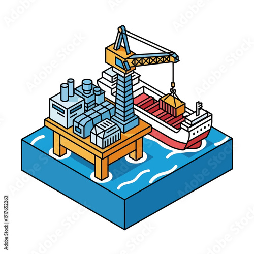 Offshore oil rig platform with cargo ship and crane.