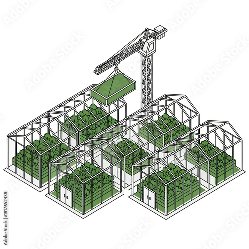 Industrial Greenhouse Complex with Automated Crane System.