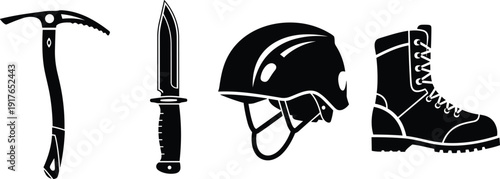 Mountain climbing and survival gear set with ice axe, tactical knife, safety helmet and hiking boot on white background.