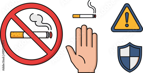 No smoking and health protection set with stop sign, cigarette, warning triangle, shield and hand gesture on white background.