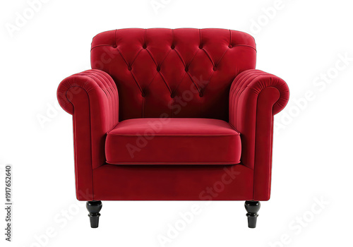 Elegant Red Velvet Chesterfield Armchair, Isolated Cut-out PNG for Design