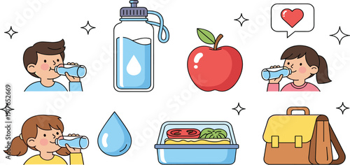 Healthy school lunch and hydration set for kids with water bottles, lunch box, apple and school bag on white background.