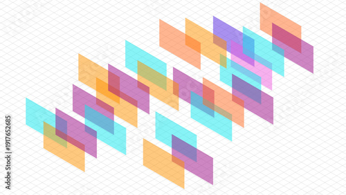 Colorful geometric pattern with overlapping translucent rectangles on grid background