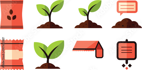 Gardening and Agriculture Vector Icon Set with Green Plant Sprout in Soil, Seed Packets, Fertilizer Bag and Farming Symbols