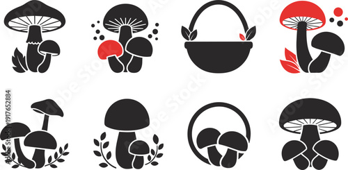 Forest mushrooms and harvesting basket set with different fungus shapes, wild mushrooms and wooden basket on white background.