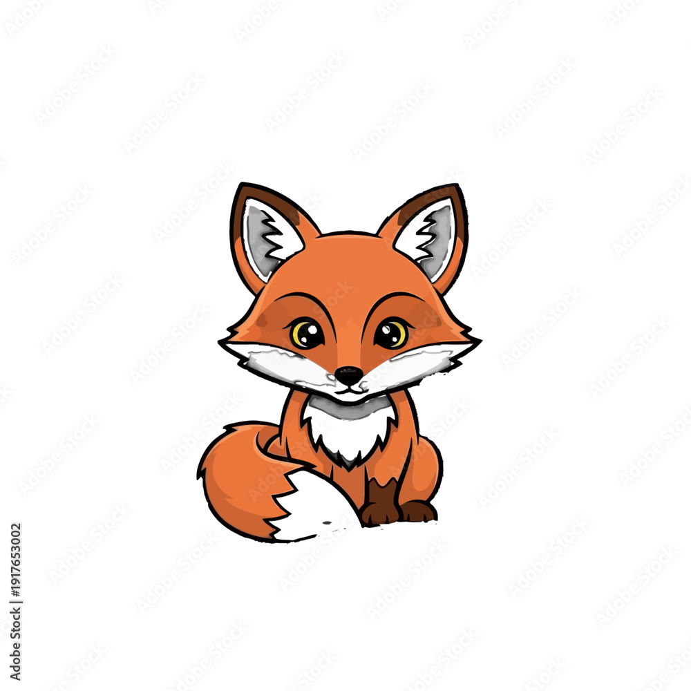 Fototapeta premium Cute Cartoon Fox Cub Sitting Happily on an Isolated White Background